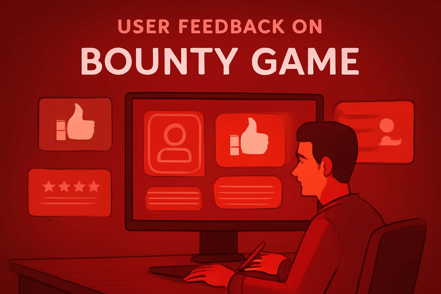 An informational graphic showcasing user feedback about Bounty Game with a futuristic design.
